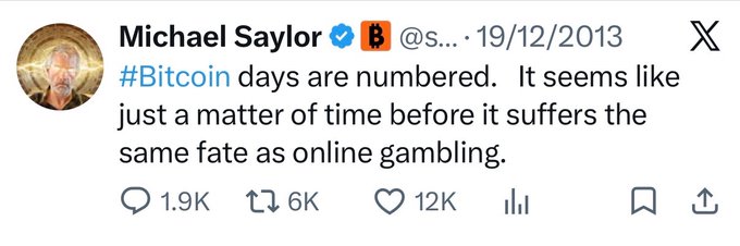 This 2013 tweet from Michael Saylor predicts that Bitcoin's days are numbered and it will suffer the same fate as online gambling, directly contrasting with the post's encouragement to "keep kicking that hornets nest."