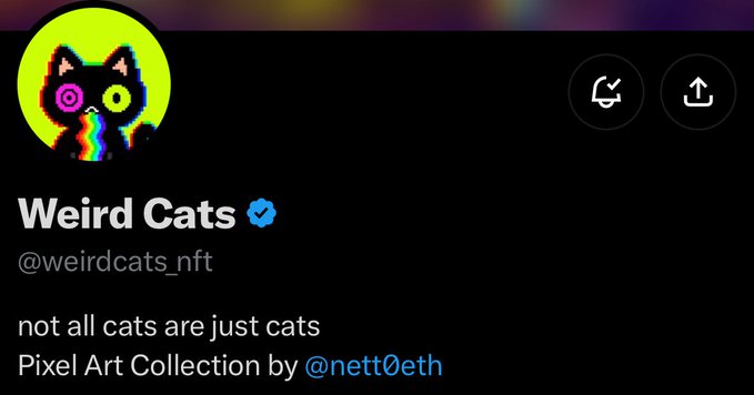 A pixel art cat with rainbow vomit is displayed on the "Weird Cats" (@weirdcats_nft) Twitter profile, which is verified and described as "not all cats are just cats - Pixel Art Collection by @nett0eth." The image showcases the NFT project's branding, aligning with the post's early feature credit to creator @nett0eth.