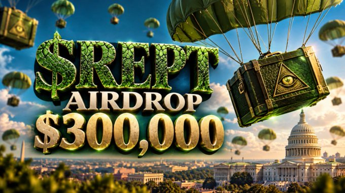 The image is a promotional graphic for the $REPT memecoin airdrop, featuring the text "$REPT AIRDROP $300,000" in bold green and gold lettering against a sky filled with parachuting treasure chests, with the U.S. Capitol building visible in the background to tie into the "REPTublicans" theme. One prominent chest displays an all-seeing eye symbol, reinforcing the crypto-airdrop branding tied to the launch announcement.
