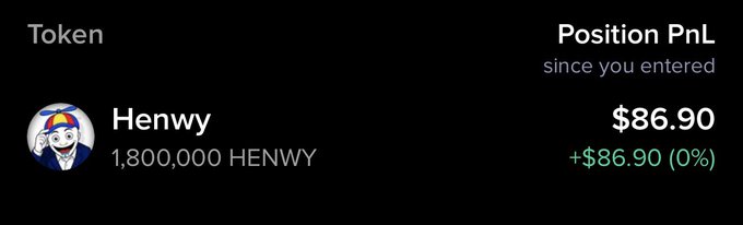 The image shows a portfolio dashboard displaying a holding of 1,800,000 HENWY tokens with a Position PnL of $86.90 (+$86.90, 0%), suggesting this is the trader's current position that will be airdropped to two active commenters as part of the giveaway.