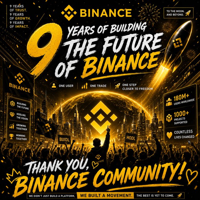 A promotional graphic celebrating Binance's 9-year anniversary with text including '9 YEARS OF BUILDING THE FUTURE OF BINANCE', '180M+ USERS WORLDWIDE', and 'THANK YOU, BINANCE COMMUNITY!'.