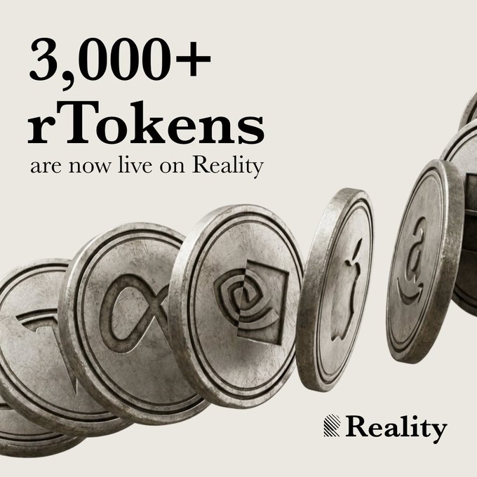 An advertisement graphic with the text "3,000+ rTokens are now live on Reality" displayed above a series of metallic coins bearing various logos.
