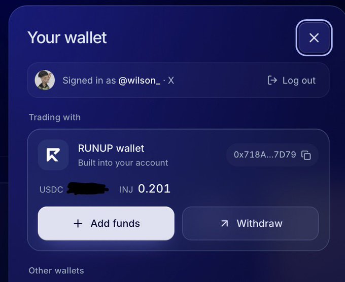 The image shows a digital wallet interface titled "Your wallet" with the user signed in as @wilson_, displaying a "RUNUP wallet" built into the account with a balance of 0.201 INJ (USDC amount redacted) and the wallet address 0x718A...7D79, along with "Add funds" and "Withdraw" options. This visually supports the accompanying post by demonstrating that the account has been funded with INJ tokens to actively trade on the RunUp platform, reinforcing the "funded and ready to RUN IT UP" message and the invitation for others to join via the referral link.