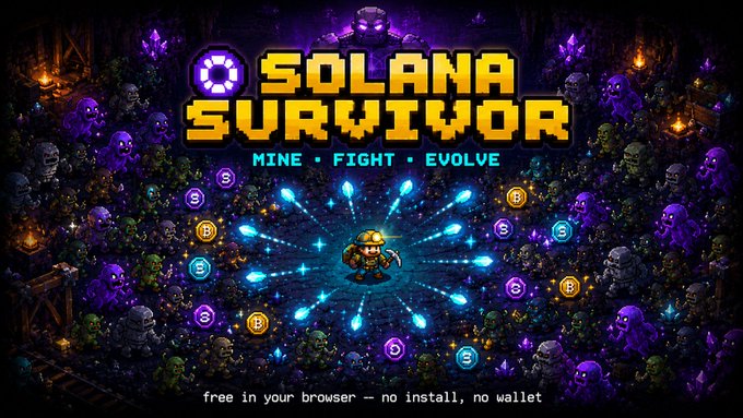 A promotional banner for 'SOLANA SURVIVOR' featuring a pixel-art miner character surrounded by cryptocurrency symbols, with the tagline 'MINE • FIGHT • EVOLVE' and 'free in your browser — no install, no wallet'.