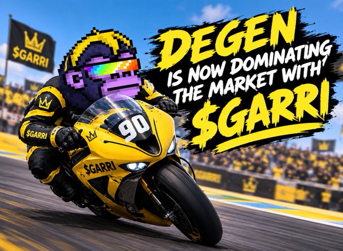 A pixel-art style graphic shows a character riding a yellow motorcycle with '90' on it, with bold text reading 'DEGEN IS NOW DOMINATING THE MARKET WITH $GARRI'.