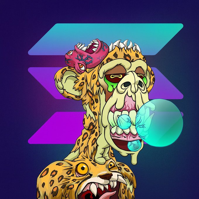 A colorful, stylized illustration shows a grotesque leopard-print creature with a small pink monster emerging from its head, blowing a large teal bubblegum bubble.