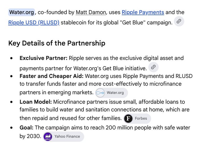 The image outlines Ripple’s exclusive digital-asset partnership with Matt Damon co-founded Water.org for its “Get Blue” campaign, using Ripple Payments and stablecoin Ripple USD (RLUSD) to support microfinance partners and fund water and sanitation loans. The campaign aims to reach 200 million people with safe water by 2030.