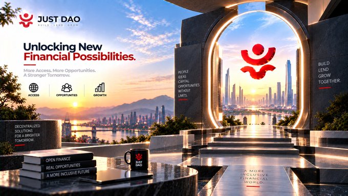 A promotional graphic for 'JUST DAO' with the tagline 'Unlocking New Financial Possibilities' and 'BUILD LEND GROW TOGETHER', showing a futuristic cityscape framed by an archway.