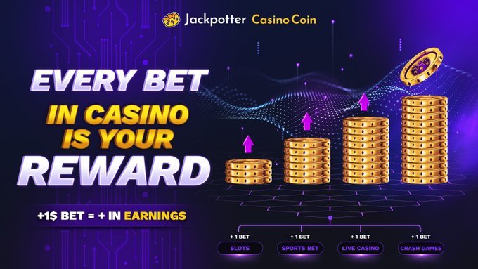 The image is a promotional banner for "Jackpotter Casino Coin" ($JPT), featuring the bold tagline "EVERY BET IN CASINO IS YOUR REWARD" and highlighting "+1$ BET = +1 IN EARNINGS" across four gambling categories: Slots, Sports Bet, Live Casino, and Crash Games, with stacked gold coins growing taller to visually represent the reward system.

This directly supports the post by illustrating Jackpotter's "Wager-funded rewards" perk, showing how every dollar wagered across casino games translates into $JPT token earnings for presale participants.