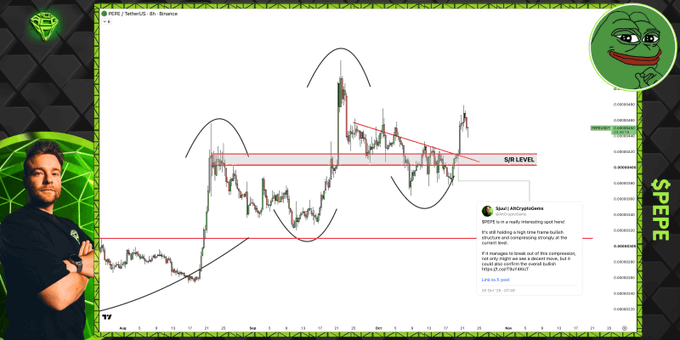 A TradingView chart shows PEPE price action with black trendlines and red horizontal support/resistance levels, including a label reading “S/R LEVEL.” The post says bulls must hold the newly flipped support/resistance level, highlighting the chart’s relative strength.