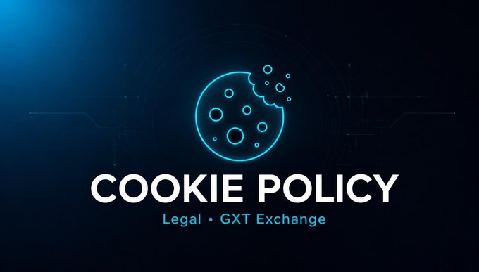 A sleek dark blue graphic features a glowing neon cyan cookie icon with a bite taken out of it, accompanied by the bold white text "COOKIE POLICY" and the tagline "Legal • GXT Exchange," directly illustrating the post's announcement about managing cookie preferences on the GXT Exchange platform.
