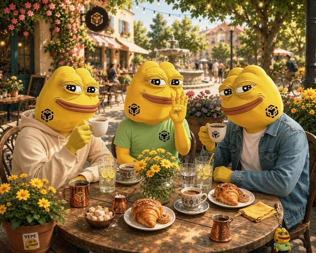 Three yellow Pepe the Frog characters wearing different outfits enjoy coffee and pastries at an outdoor café table in a European-style plaza.