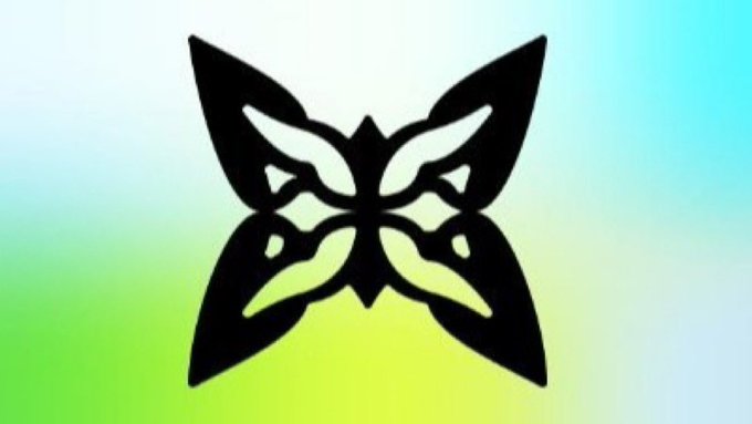 A black, symmetrical butterfly or mask-like logo is centered on a background featuring a gradient of light blue, white, and bright green.