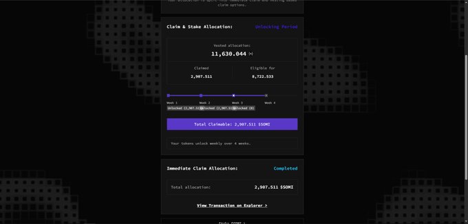 The image shows a Somnia Network claim and staking allocation dashboard displaying "Unlocking Period" status with a vested allocation of 11,630,044, where 2,907,511 SOMI has been claimed and 2,907,511 SOMI ($SOMI) is eligible for the week's rewards. This directly supports the post's announcement about claiming Week 2 $SOMI rewards from the Somnia Network Odyssey, showing the exact amount (2,907 $SOMI) mentioned in the caption being claimed.