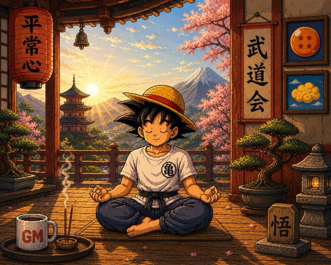 An anime-style illustration shows a character resembling Goku wearing a straw hat meditating in a Japanese setting, with a 'GM' mug, bonsai tree, lanterns, Mount Fuji, cherry blossoms, and Japanese text '平常心' (heijoshin/normal mind) visible.
