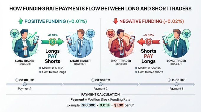 The image illustrates how funding rate payments flow between long and short traders in derivatives markets, showing that with positive funding (+0.01%) longs pay shorts, while with negative funding (-0.02%) shorts pay longs, with payment timing at 00:00, 08:00, and 16:00 UTC calculated as Position Size × Funding Rate. This visual reinforces the post's point that funding rate direction reflects which side dominates the market rather than predicting price direction, since the mechanism simply shows payment flow between bullish and bearish traders.