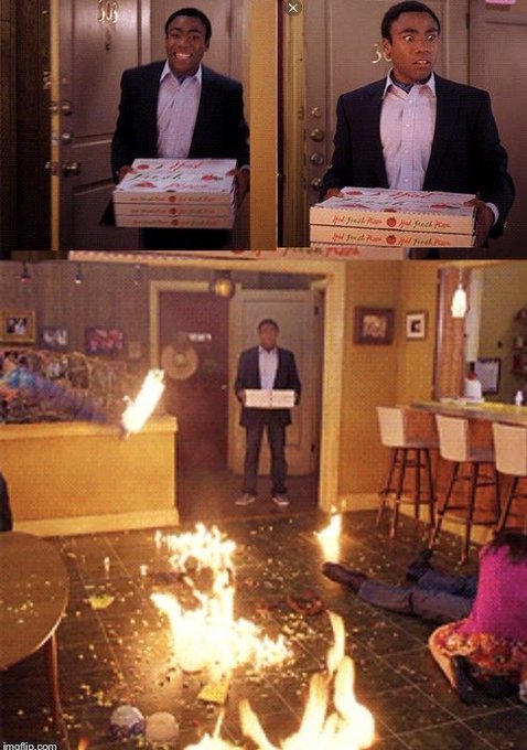 Troy from Community stands in a doorway holding two boxes of "Jodi Fresh Pies" pizza, reacting in shock as flames engulf the apartment and a friend lies face-down on the floor behind him—a perfect metaphor for returning to NFT Twitter to find everything on fire.