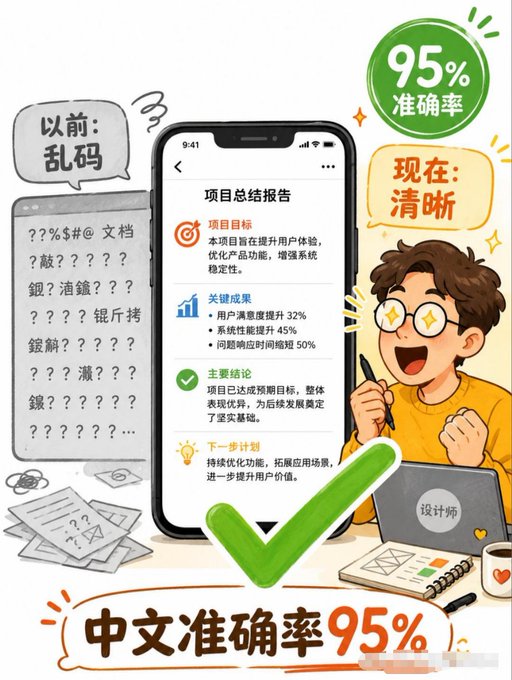 The image features a cartoon illustration of a young man with glasses, who appears to be studying or working at his desk using a laptop computer. The background shows an illustration of a question mark, which could represent a problem that needs to be solved or a question about the content on the screen. The post includes text in both Chinese and English, discussing the importance of understanding Chinese characters for accurate translation and interpretation.