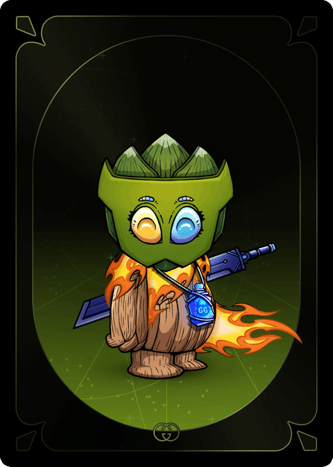 A digital NFT-style artwork of a cute, chibi-like creature with mismatched blue and yellow eyes, green leaf-like headpiece, flame-patterned robe, wooden legs, and a blue diamond 'GG' tag.