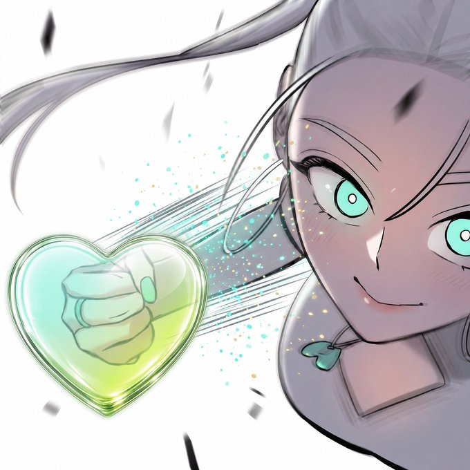 Anime-style illustration of a silver-haired character with teal eyes, shown next to a green heart containing a thumbs-up gesture with motion lines.