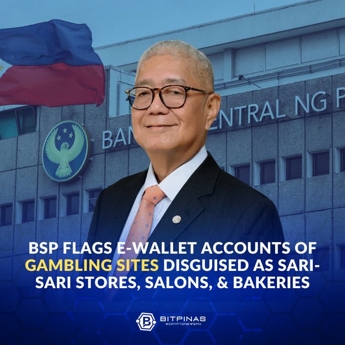 A man in a suit stands before a building labeled 'BANGKO SENTRAL NG PILIPINAS', with a headline reading 'BSP FLAGS E-WALLET ACCOUNTS OF GAMBLING SITES DISGUISED AS SARI-SARI STORES, SALONS, & BAKERIES'.