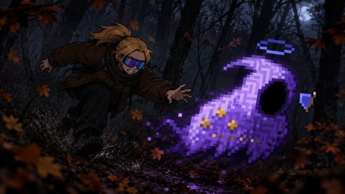 An illustration shows a blonde person with goggles running through a dark autumn forest, reaching toward a pixelated purple ghost-like creature with a halo.