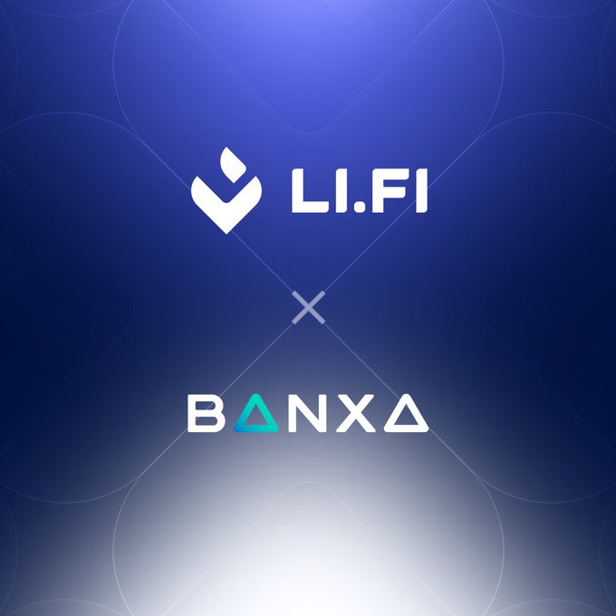 A blue gradient graphic featuring the logos of "LI.FI" and "BANXA" separated by a multiplication 'x' symbol.