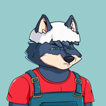 A cartoon wolf character with blue and white fur wearing a red shirt and overalls, set against a teal background. The illustration relates to the post by depicting the type of anthropomorphic wolf NFT being collected, tying into the discussion about the WolfSwap wolfies collection and its rising CRO floor price.