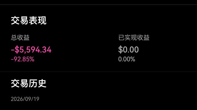 A dark-themed financial dashboard in Chinese showing trading performance with a total return of '-$5,594.34' (-92.85%) and a realized return of '$0.00'.