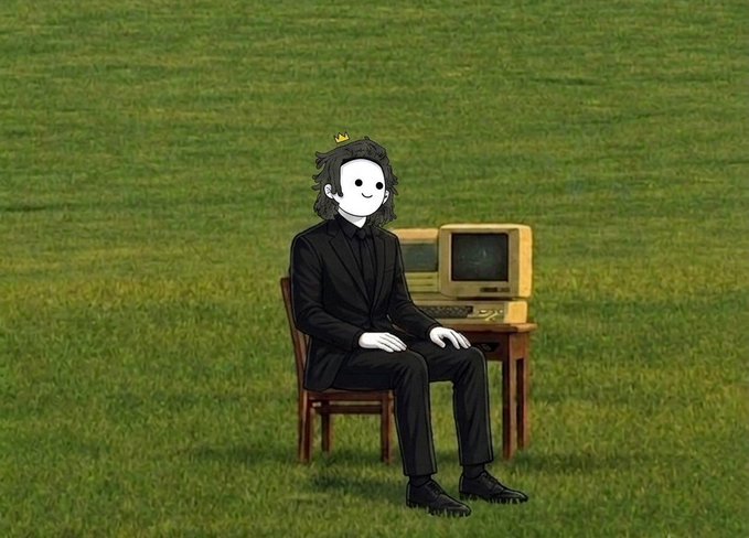 An illustration of a cartoon figure wearing a suit and a small crown, sitting on a chair in a grass field with a vintage computer on a desk beside him.