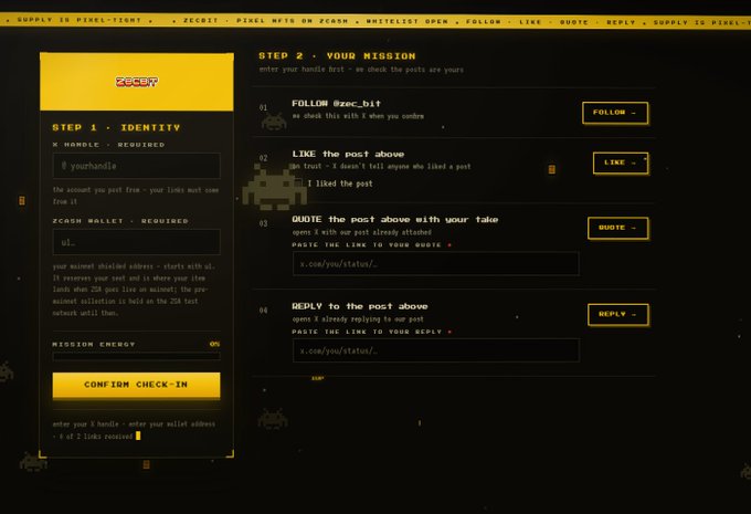 A screenshot of a website with a black and yellow color scheme titled "ZECCAT", displaying instructions for a crypto task with sections for "STEP 1 - IDENTITY" and "STEP 2 - YOUR MISSION".