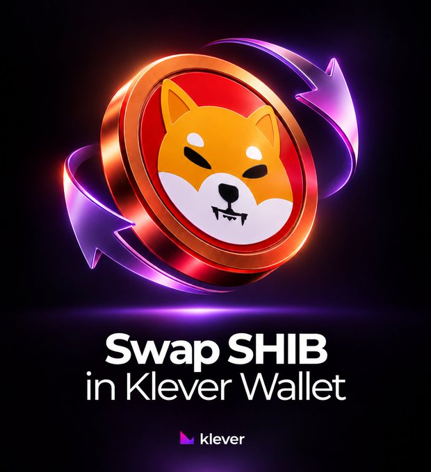 A promotional graphic for Klever Wallet featuring the Shiba Inu (SHIB) token logo on a coin with purple arrows, with text 'Swap SHIB in Klever Wallet'.