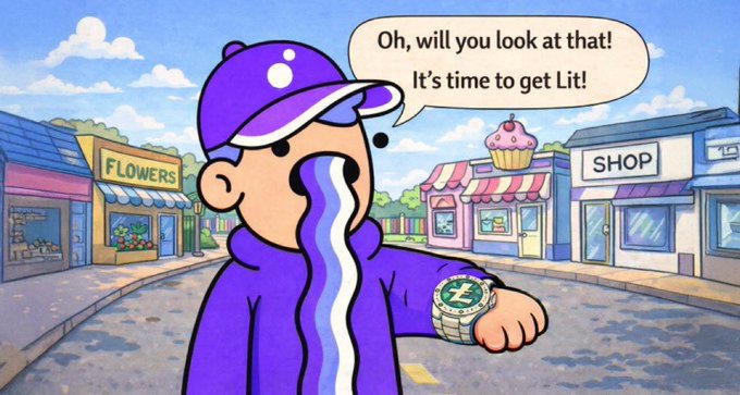 A cartoon illustration of a purple character vomiting a wavy stream while checking a green watch, with a speech bubble reading 'Oh, will you look at that! It's time to get Lit!' against a backdrop of flower and cupcake shops.