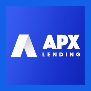 The image displays the APX Lending logo on a blue gradient background, featuring a white stylized "A" alongside the text "APX LENDING." This branding corresponds to the announcement that APX Lending has launched a five-year revolving credit facility backed by Bitcoin and Ethereum.