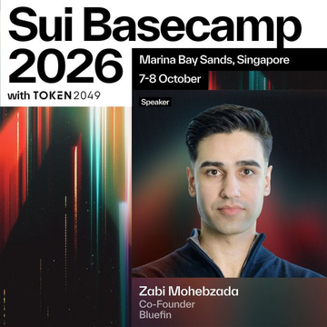 The image is a promotional graphic for "Sui Basecamp 2026 with TOKEN2049," taking place at Marina Bay Sands, Singapore on October 7-8, and features speaker Zabi Mohebzada, Co-Founder of Bluefin. It visually introduces one of the four upcoming DeFi-focused speakers highlighted in the Vietnamese-language announcement about Basecamp's expanded DeFi stack covering RWA, perpetuals, and prediction markets.