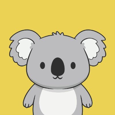 A cartoon illustration of a gray koala with large fluffy ears and a white belly against a yellow background.