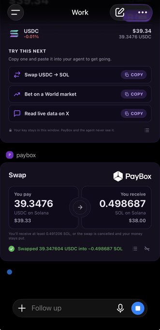 A mobile app screenshot showing a completed crypto swap on PayBox, where 39.3476 USDC on Solana was exchanged for 0.498687 SOL at a rate of $39.33.