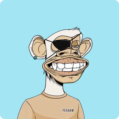 A cartoon illustration of a Bored Ape Yacht Club-style monkey wearing an eyepatch, an earring, and a beige shirt with the text "YEEHAW" printed on it, set against a light blue background.