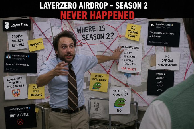 Meme image titled 'LAYERZERO AIRDROP - SEASON 2 NEVER HAPPENED' featuring a conspiracy board meme with tweets about the delayed airdrop and quotes like 'WHERE IS SEASON 2?'