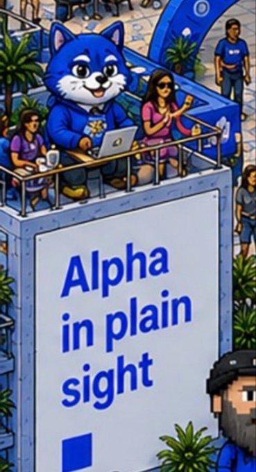 An anthropomorphic blue cat and several people gather on top of a large billboard reading "Alpha in plain sight," with the $TOSHI coin—touted as the original Base wallet IP—visually placed "in plain sight" at the very top of the sign. The scene illustrates the post's claim that the obvious investment opportunity ($TOSHI) has been visible to everyone all along.