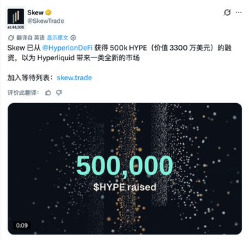 A Twitter/X post from @SkewTrade announcing Skew's acquisition by HyperionDeFi, having raised 500k $HYPE (valued at $33 million), with a video showing '$HYPE raised 500,000'.