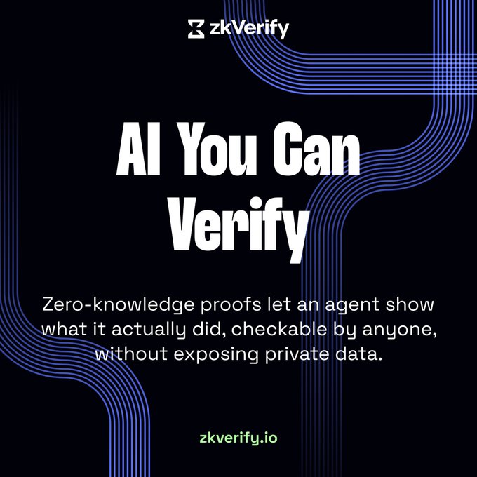 A promotional graphic for zkVerify (zkverify.io) featuring the headline "AI You Can Verify" on a black background with flowing blue line designs, alongside text explaining that "Zero-knowledge proofs let an agent show what it actually did, checkable by anyone, without exposing private data." The image visually reinforces the post's message about using zero-knowledge proofs to make AI processes verifiable without requiring blind trust, aligning with the caption about agents proving they followed rules, that performance metrics are genuine, and that sources are authentic.