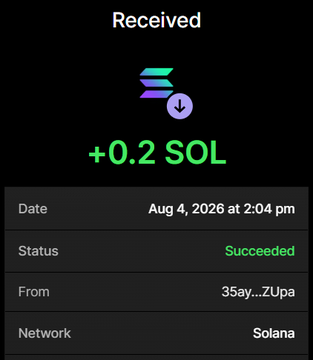 A screenshot of a Solana transaction confirmation showing a received payment of +0.2 SOL on Aug 4, 2026, from wallet "35ay...ZUPa" with a "Succeeded" status. The image serves as proof of payment for the $NOBULL token presale, where 0.2 SOL was exchanged for 6 Million $NOBULL tokens plus a 200% bonus via the platform blindbull.xyz.