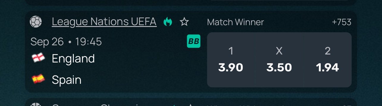 A betting odds screen for a League Nations UEFA match on Sep 26 at 19:45 between England and Spain shows Match Winner odds of 3.90 for England, 3.50 for a draw, and 1.94 for Spain.