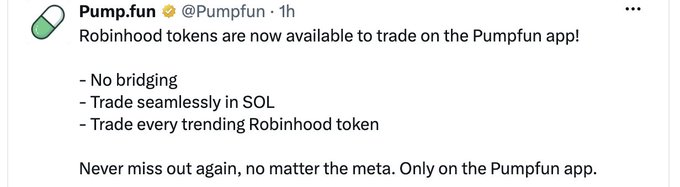 A tweet from @Pumpfun announces that Robinhood tokens can now be traded directly on the Pump.fun app with no bridging required, supporting SOL trading and access to all trending Robinhood tokens. This relates to the accompanying post by confirming Pump.fun's new integration that allows seamless routing of trades to Robinhood Chain, which has fueled the surge in meme coins like CASHCAT.