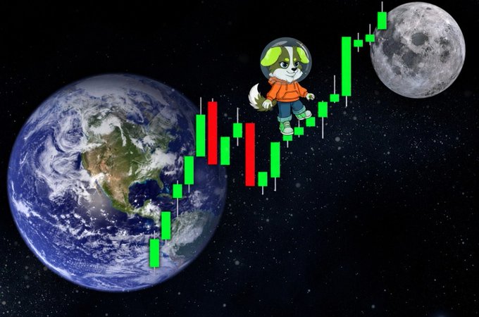 A cartoon dog dressed as an astronaut floats in space between Earth and the Moon, with a green and red candlestick trading chart overlaid across the cosmic background.