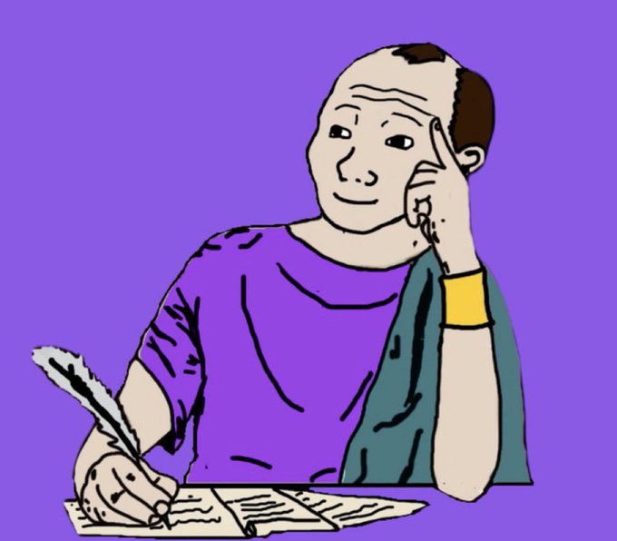 A cartoon-style illustration of a balding man in a purple shirt and yellow wristband, writing with a feather quill while resting his head on his hand against a solid purple background.