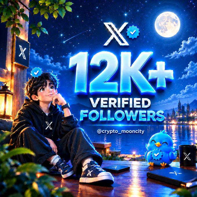 Animated graphic celebrating '12K+ VERIFIED FOLLOWERS' for @crypto_mooncity, featuring a cartoon boy in an X-branded hoodie sitting by a lake at night.
