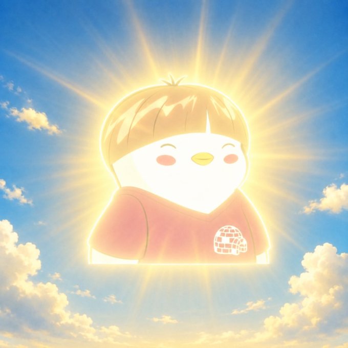 A cartoon character with a glowing halo and chicken-like features floats against a bright blue sky with sun rays and clouds, wearing a red shirt with an igloo design.