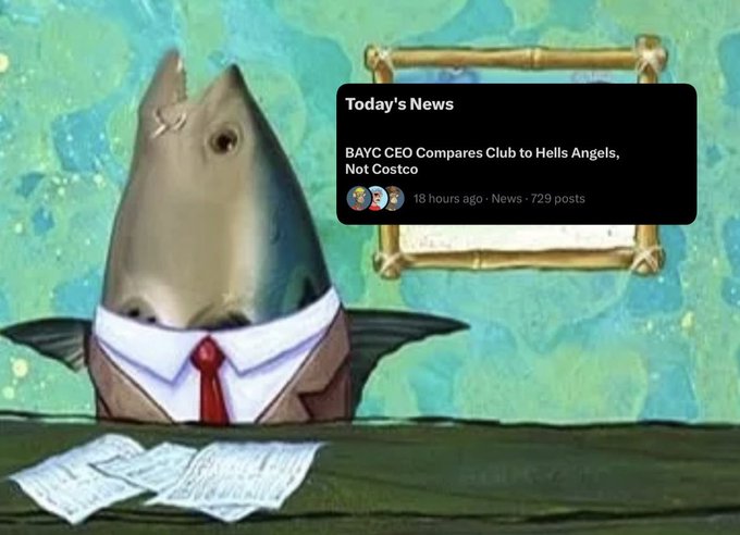 A news-style graphic features a shark in a tie with a headline reading 'Today's News: BAYC CEO Compares Club to Hells Angels, Not Costco.'